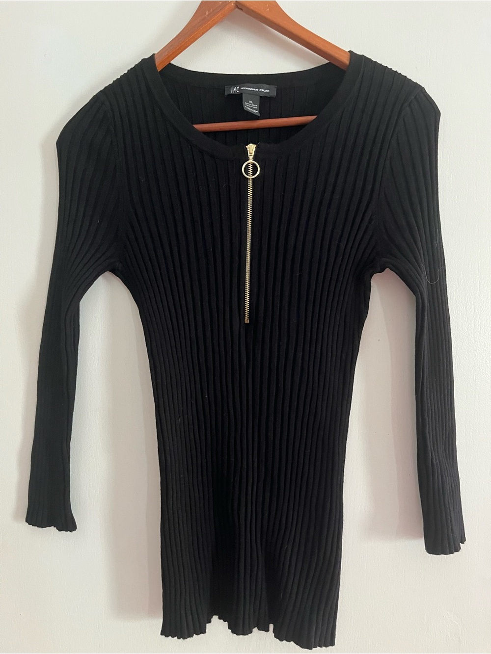 INC International Concepts Black Ribbed 3/4 Sleeve Top with Gold Zip